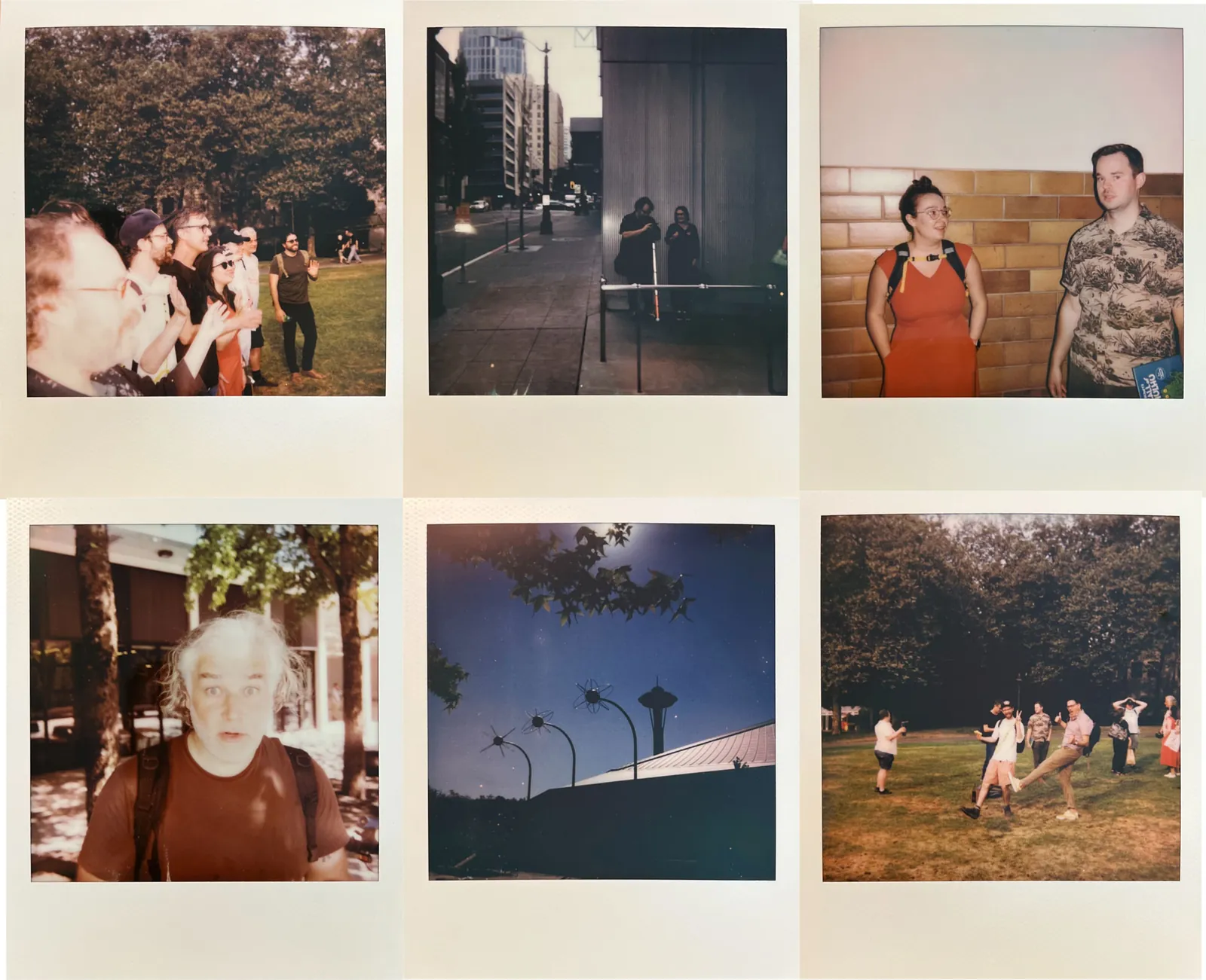 Grid of 6 polaroids from the Seattle Retreat. From the top-left: Fair Worlds team lined up outside in a park looking at another camera and smiling, Andy and Angela Gomez in downtown Seattle talking, Hallur and Leslie inside the Armory smiling at the camera, a surprised Isaac Aubrey looking dreictly a the camera outside at the Seattle Center, a silhouette shot of the space needle in the distance with 3 statues of atoms in the foregroud, the team goofing around in a park - kick dancing and laughing.