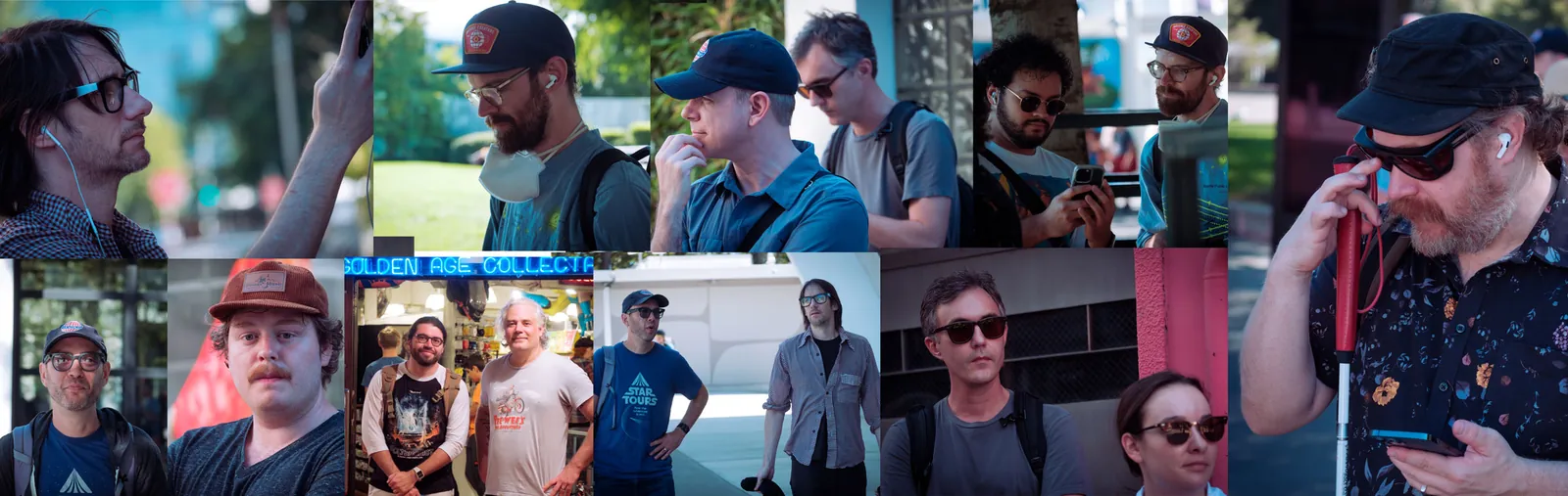 Collage of images from the retreat. From the top left: Mike hold his phone up and looks at the screen while outside, Todd and Jordan talk and look at their devices while standing outside, Julian points to his phone screen while Todd looks on, Andy holds his cane while listening to the tour and holding his phone outside, Brad and Leslie look off camera outside, Mike and Erik walk around the Climate Pledge arena, on the tour, Sebastian and Isaac pose in front of the comic book store at Pike Place market, Keil looks at the camera with a funny look, Erik smiles outside at the Seattle Center.